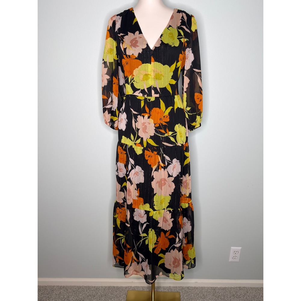 Donna Morgan Floral Metallic Lurex Tiered Maxi Dress Open Back Sz 10